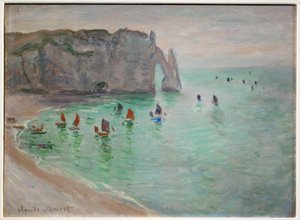 Étretat, Porte d’Aval : bateaux de pêche sortant du port